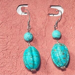 VTG Carved Turquoise 925 Sterling Silver Dangle Drop Earrings with Hook+Matrix